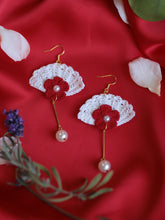 Load image into Gallery viewer, Oriental fan with red flower dangle earrings