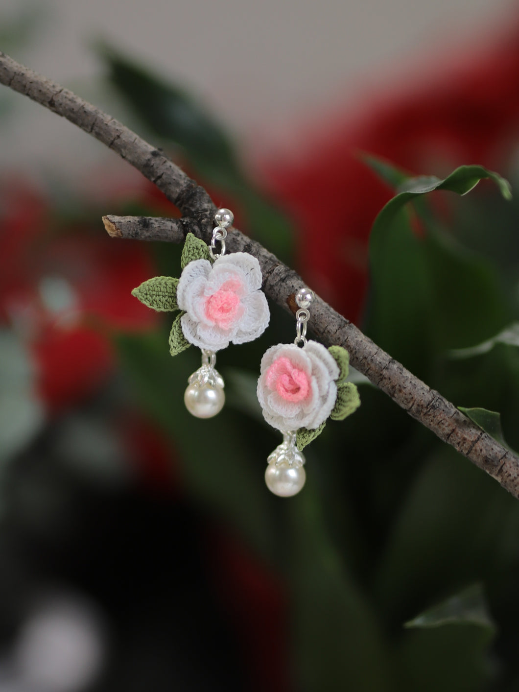 Rose flower with pearl dangle earrings