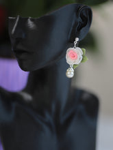 Load image into Gallery viewer, Rose flower with pearl dangle earrings
